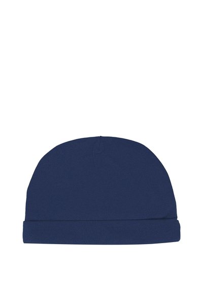 Berretto lavorato a maglia di colore blu navy con risvolto e superficie liscia. Tessuto morbido ed elastico progettato per garantire calore e comfort.