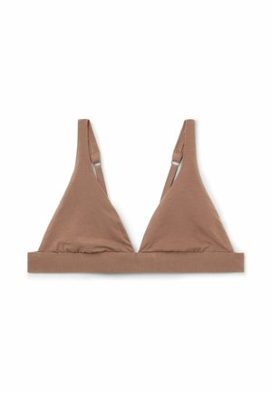 Sujetador triangular marrón suave con tirantes ajustables y banda elástica inferior, colocado plano sobre un fondo blanco.