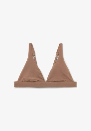 Zachte bruine triangelformige bralette met verstelbare schouderbanden en elastische onderband, plat liggend op een witte achtergrond.