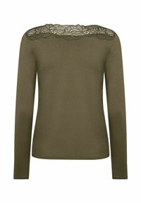 Olivgrünes langärmliges Oberteil mit einer Spitzenakzent am Ausschnitt. Glatte Textur, figurbetontes Design und abgerundeter Saum.
