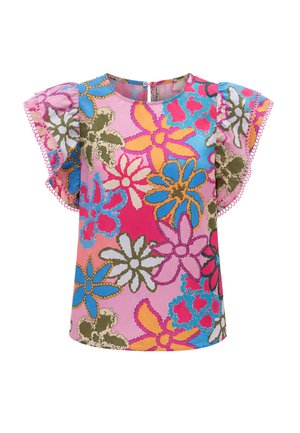 Blouse imprimée fleurie colorée avec des fleurs roses, bleues, orange et vertes, dotée de manches courtes à volants bordées de dentelle rose.