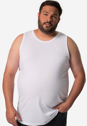 Weißes ärmelloses Tanktop aus glattem Baumwollstoff, mit einem dezenten bestickten Logo und einem klassischen runden Halsausschnitt.