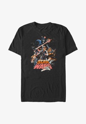 Czarny bawełniany t-shirt z kolorową grafiką przedstawiającą postacie i statki kosmiczne z Gwiezdnych Wojen, z wyraźnie umieszczonym napisem "GWIEZDNE WOJNY".