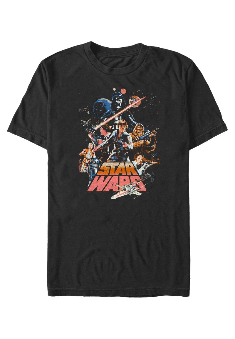 Svart bomullströja med en färgglad grafik som visar karaktärer och rymdskepp från Star Wars, med "STAR WARS"-texten tydligt synlig.