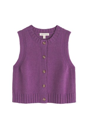 Paarse mouwloze trui met een geribde halslijn en zoom, vijf houten knopen aan de voorkant en een glad gebreide textuur.