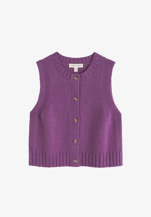 Purpurinė rankovių neturinti liemenė su ribbingu aplink kaklą ir apačią, penkiais mediniais mygtukais priekyje ir lygiu megztu raštu.