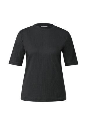 T-shirt noir à manches courtes côtelé avec un col rond ; présente une texture lisse et une coupe légèrement décontractée.