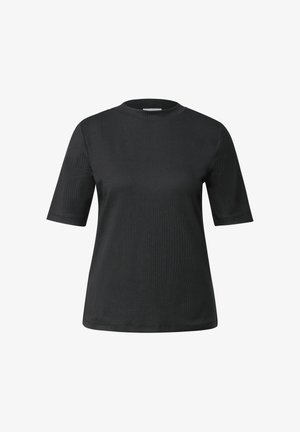 Camiseta negra de manga corta con cuello redondo; cuenta con una textura suave y un corte ligeramente relajado.