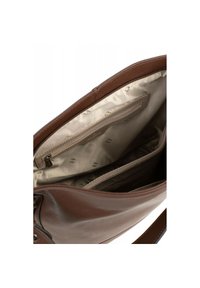 Sac à main en cuir marron avec une texture lisse, comportant un intérieur beige et une poche zippée. Plusieurs compartiments pour un rangement organisé.