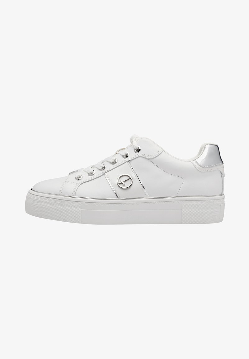 White leather sneaker with a smooth texture, featuring silver accents, flat laces, and a round logo on the side. Thick rubber sole.