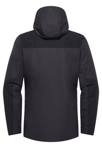 Zwarte jas met capuchon, met een gladde, matte textuur. Het ontwerp heeft contrasterende zwarte panelen op de schouders en mouwen.