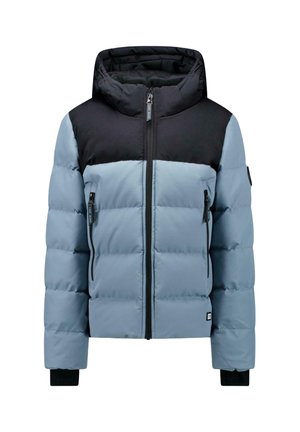 Lichtblauwe en zwarte gewatteerde winterjas met capuchon, ritssluiting aan de voorkant, ritssluitingen in de zijzakken en zwarte polsboorden.