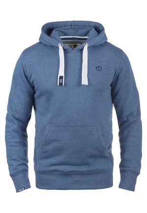 Blaue Kapuzenjacke mit einer vorderen Tasche, Kordelzugkapuze, gerippten Bündchen und einem kleinen Logo auf der Brust. Hergestellt aus weichem, strukturiertem Stoff.