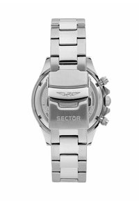 Orologio in acciaio inossidabile argentato con bracciale a maglie, chiusura prominente con logo "SECTOR" e cassa circolare con più quadranti e pulsanti.
