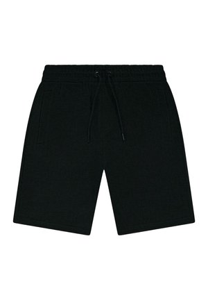 Zwarte knielange herenshorts met elastische tailleband en trekkoord, twee zijzakken, rechte snit, casual stijl.