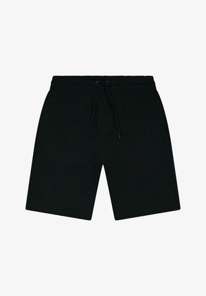 Zwarte knielange herenshorts met elastische tailleband en trekkoord, twee zijzakken, rechte snit, casual stijl.