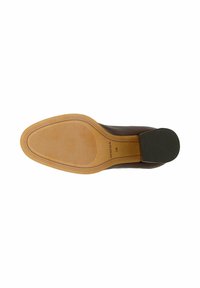 Suola di scarpa in pelle marrone con tallone in gomma. Presenta una superficie liscia e texturizzata, una forma curva e un battistrada con motivo per una buona aderenza.