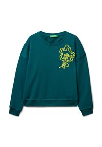 Felpa in cotone turchese con vestibilità ampia, scollatura rotonda e un design di fiore ricamato giallo sul davanti. Polsini e orlo semplici.