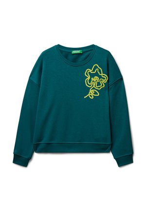 Tyrkysová bavlněná mikina s volným střihem, kulatým výstřihem a žlutým vyšívaným květinovým vzorem na přední straně. Hladké manžety a lem.