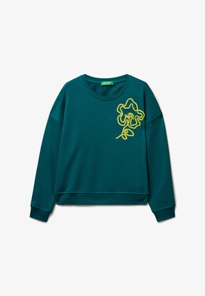 Teal cotton sweatshirt featuring a loose fit, round neckline, and a yellow embroidered flower design on the front. Plain cuffs and hem.