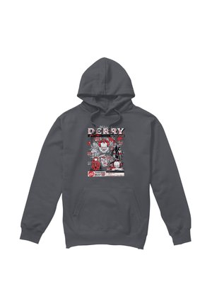 Dark gray hoodie with graphic collage of Pennywise clown faces, red balloons, and "Welcome to Derry" text referencing Stephen King's It.