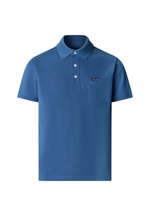 Blue short-sleeve polo shirt with three white buttons and a chest pocket featuring a small black label.