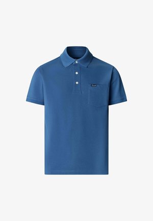 Blue short-sleeve polo shirt with three white buttons and a chest pocket featuring a small black label.
