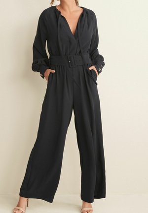 Black jumpsuit with a deep V-neck, long sleeves, belted waist, and wide-leg trousers. Features a soft, smooth fabric and side pockets.