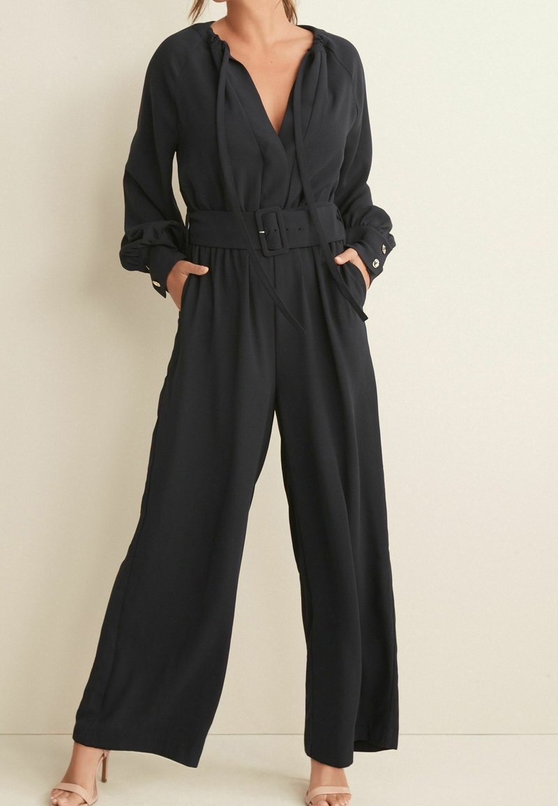 Black jumpsuit with a deep V-neck, long sleeves, belted waist, and wide-leg trousers. Features a soft, smooth fabric and side pockets.