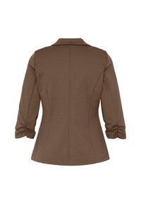 Blazer marron cintré avec manches trois-quarts froncées et col à crans, vu de dos sur fond blanc.