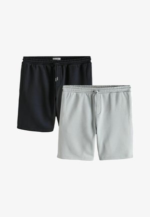 Două perechi de pantaloni scurți casual cu talie elastică și șnururi, unul negru și unul gri deschis, afișate pe un fundal alb.