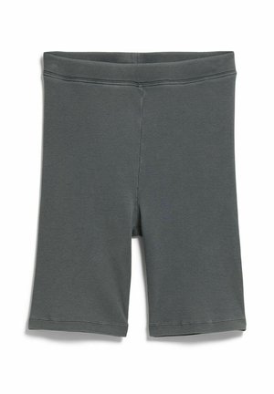 Donkergrijze geribde gebreide knielange shorts met elastische tailleband en zichtbare stiksels op een witte achtergrond.