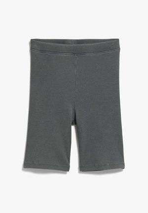 Donkergrijze geribde gebreide knielange shorts met elastische tailleband en zichtbare stiksels op een witte achtergrond.