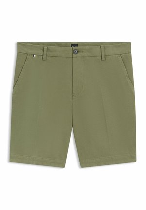 Pantaloni corti verde oliva realizzati in tessuto di cotone testurizzato, dotati di due tasche frontali, chiusura con bottone e orlo dritto.