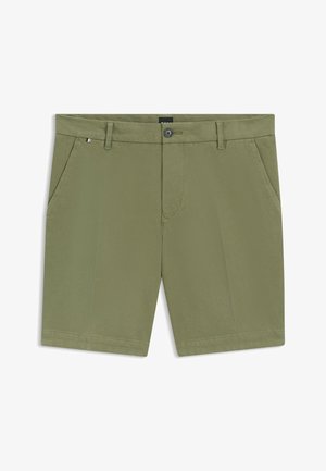Pantaloni corti verde oliva realizzati in tessuto di cotone testurizzato, dotati di due tasche frontali, chiusura con bottone e orlo dritto.