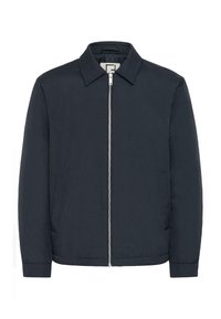 Navy lightweight jacket with a front zipper closure, pointed collar, two side pockets, and a smooth fabric texture.