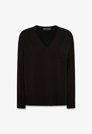 Pull-over noir à manches longues et col en V avec des poignets et un ourlet côtelés, présenté sur un fond blanc uni.