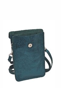 Sac bandoulière en cuir turquoise avec finition texturée, fermeture par bouton pression et bandoulière réglable. Forme rectangulaire compacte, intérieur ouvert.