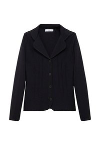 Černý pletený cardigan s klopovém límci, předním zapínáním na knoflíky, vertikálním švem a dlouhými rukávy. Měkká textura a přizpůsobený střih.