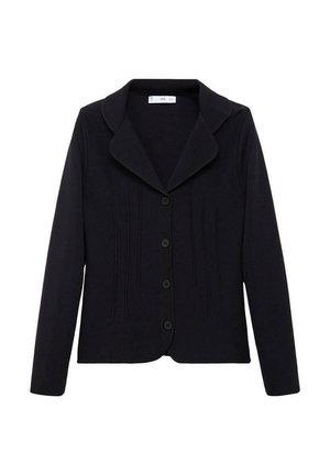 Black knit cardigan with a notched collar, front button closure, vertical seam detailing, and long sleeves. Soft texture and tailored fit.