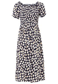 Marineblaues Midi-Kleid mit kurzen Puffärmeln, ausgestattet mit einem geschmückten Oberteil und weißen Gänseblümchen mit gelben Zentren, aus leichtem Stoff.