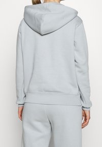 Ljusgrå hoodie med stor huva, ribbade muddar och midjeband; mjuk tygtextur; bakifrån med sömdetaljer.