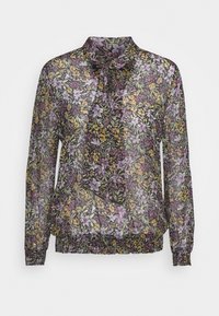 Durchsichtige schwarze Bluse mit floralem Muster in Lila, Gelb und Grün. Sie hat einen gerafften Kragen sowie elastische Bündchen und Saum.