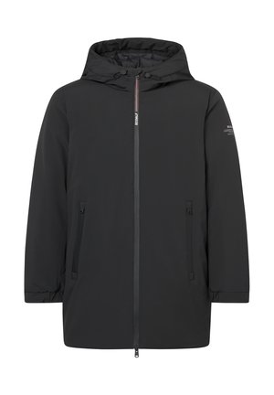 Giacca nera con cappuccio, cerniera frontale, due tasche laterali con zip, coulisse sul cappuccio e piccolo logo testuale sulla manica sinistra.