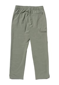 Light green, cotton blend pants with an elastic waistband, side pocket, and straight leg design. Soft texture and minimal stitching details.