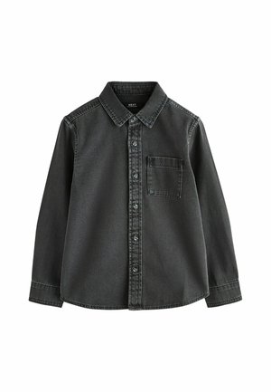 Long-sleeve black denim shirt with button front closure and a single chest pocket, displayed on a white background.