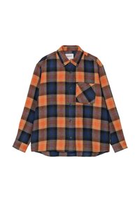 Camicia a maniche lunghe con bottoni, motivo a quadri arancione, blu navy e verde, taschino sul petto e colletto classico, su sfondo bianco.