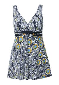 Maillot de bain avec un décolleté en V profond, fond bleu marine, motifs complexes de plumes blanches et jaunes et de paon, rehaussé d'une ceinture noire et de perles décoratives.