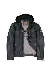 Black leather jacket with a detachable black hood, front zip, two chest zip pockets, side zip pocket, orange interior lining, and logo patch.