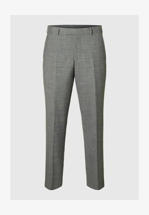 Gray tailored trousers made of textured fabric, featuring a straight leg design, flat front, belt loops, and no visible pockets.